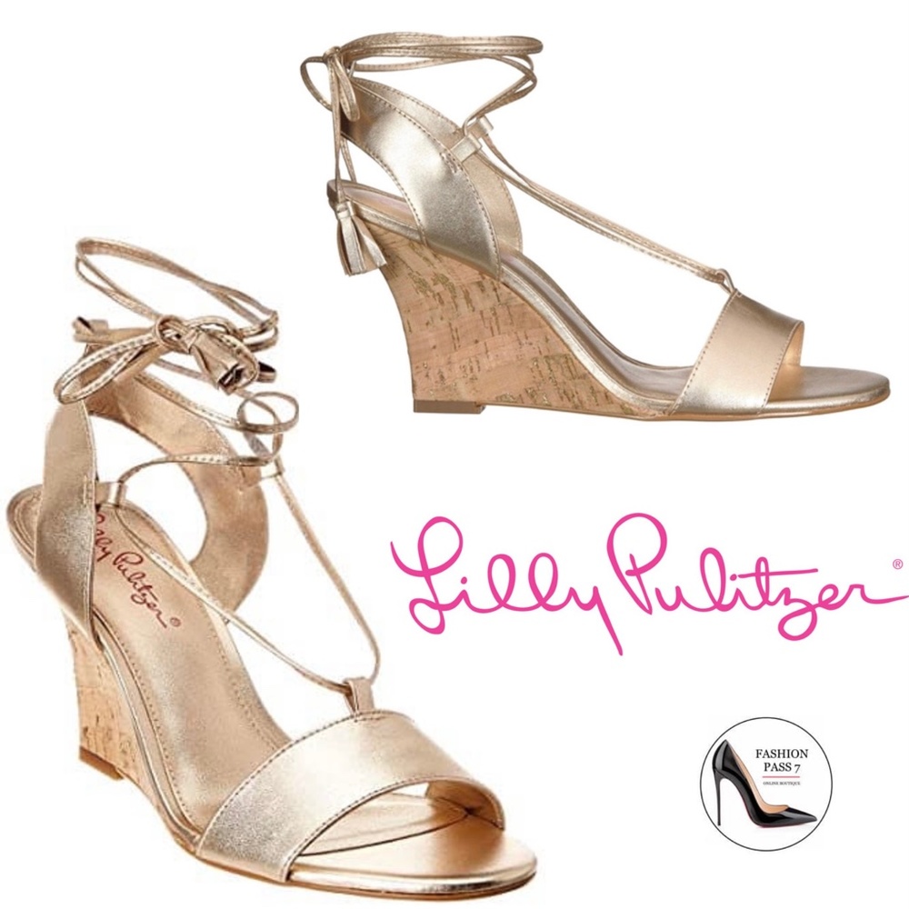 Lilly Pulitzer Aria Cork Wedge Heel Gold Leather Pump Sandal Lace Up Dress Shoes - Picture 3 of 12
